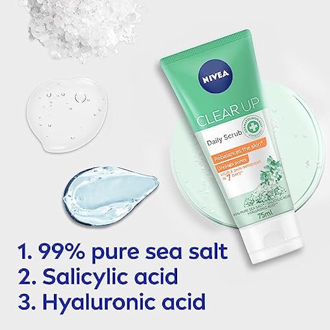 Nivea FACE SCRUB DAILY EXFOLIATING, CLEAR UP, UNCLOGS PORES, VISIBLE SKIN IMPROVEMENT, SEA SALT, SALICYLIC & HYALURONIC ACID, 75ML - Image 4